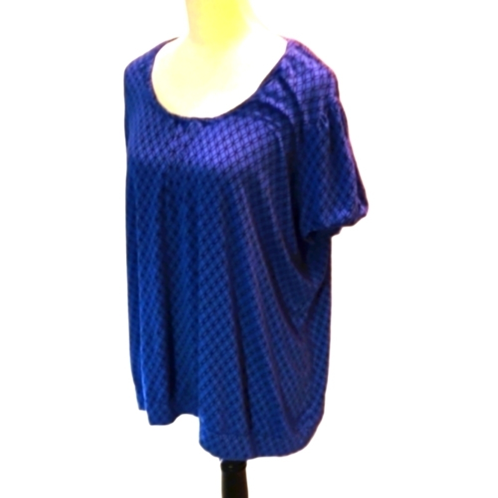 Daisy Fuentes Blue with Black Print Design Elasticized Cap Sleeves Women size 3X